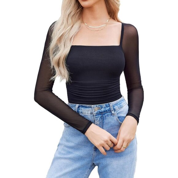 No Brand Tops - Women Black Square Neck Mesh Long Sleeve Bodysuit Shirts Sexy Sheer Tops